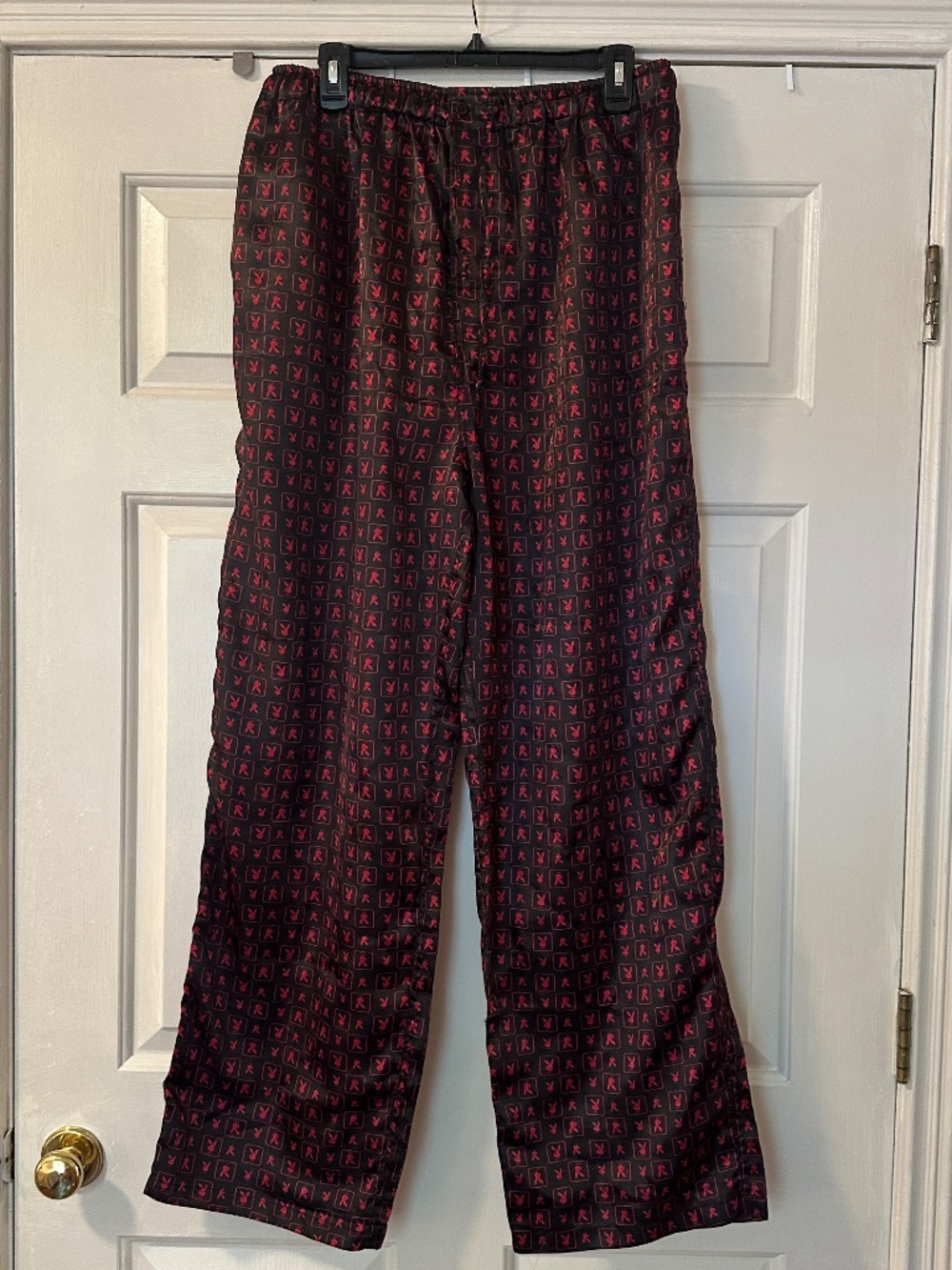 Vintage Playboy Pajama Pants Men's XL Black Red Bunny Logo Silky Satin Lounge